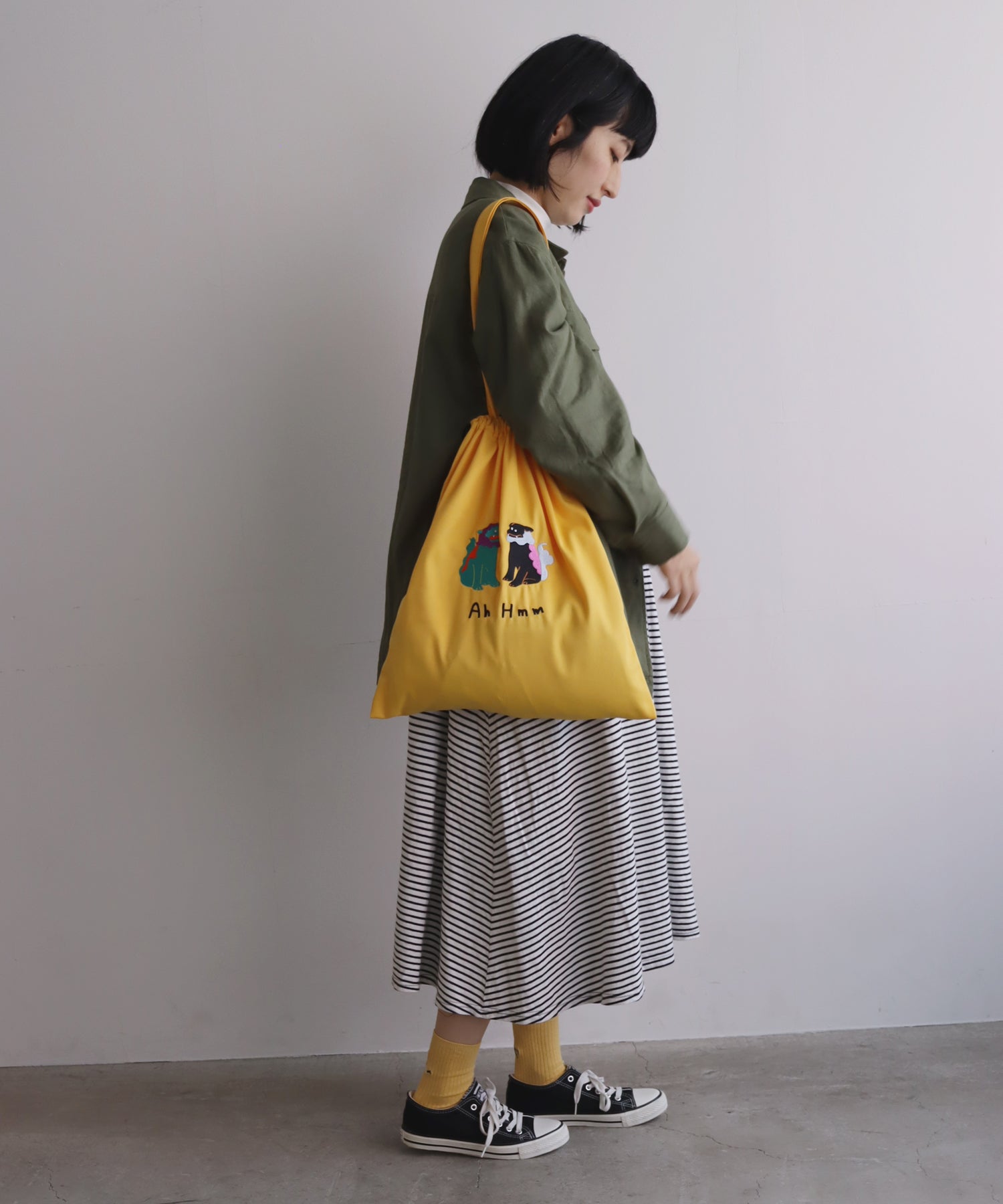 コミカル刺繍 巾着トートバッグ